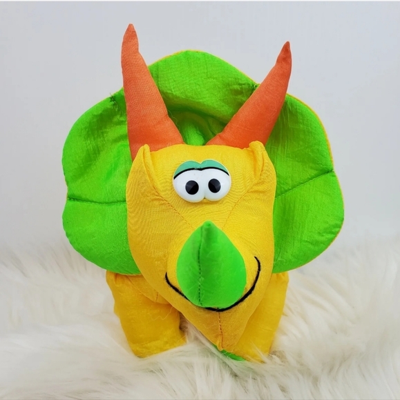 Vtg 1993 Creation Toys Dino Dudes Yellow Triceratops Dinosaur Nylon Plush 13" - Picture 2 of 7